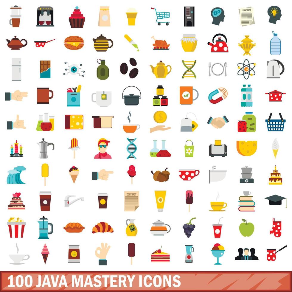 100 Java-Meisterschaftssymbole gesetzt, flacher Stil vektor