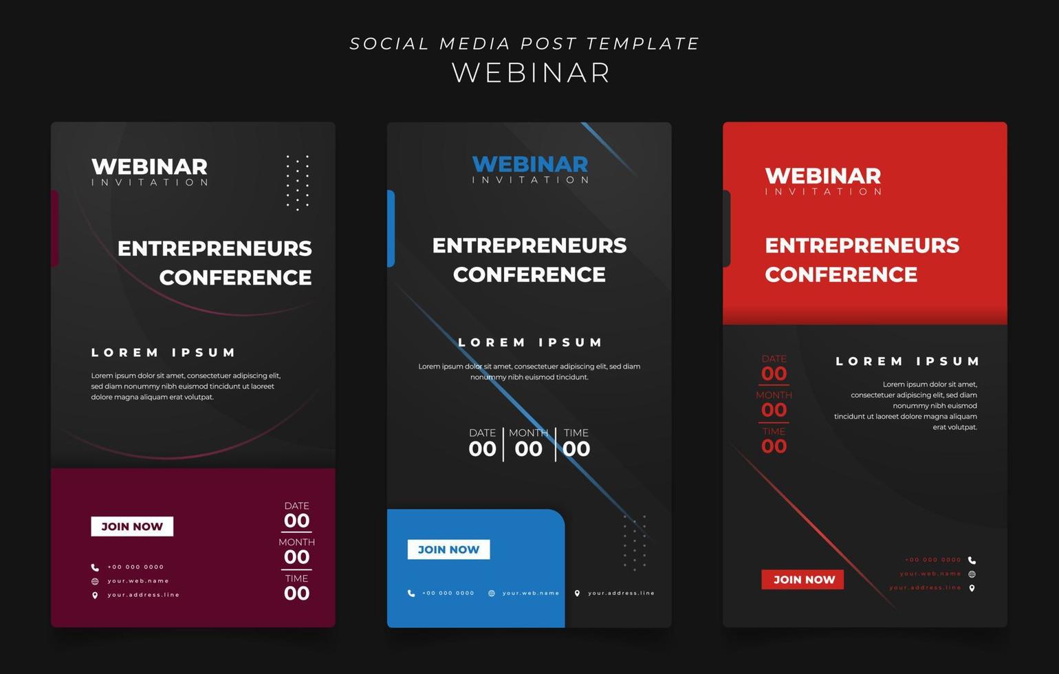 Satz von Social-Media-Beitragsvorlagen auf schwarzem Hintergrund für Online-Werbung oder Webinar-Design vektor