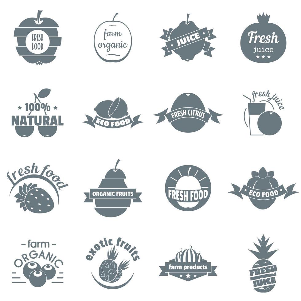 färsk juice frukt logotyp ikoner set, enkel stil vektor