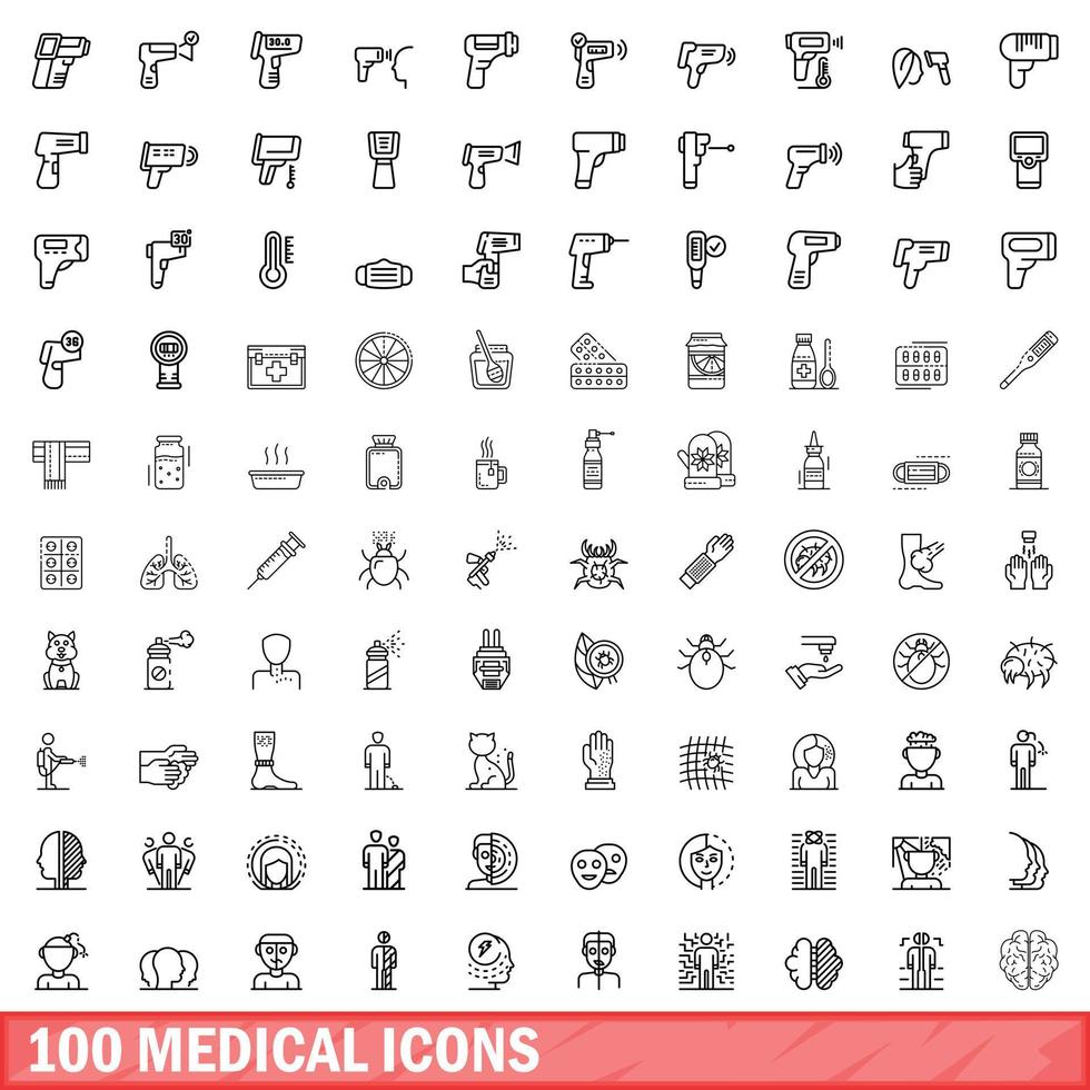 100 medicinska ikoner set, konturstil vektor