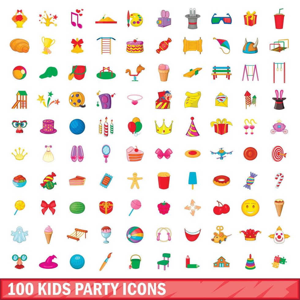 100 barn fest ikoner set, tecknad stil vektor
