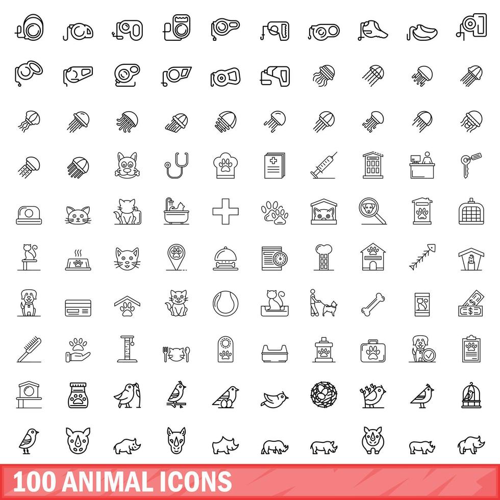 100 Tiersymbole gesetzt, Umrissstil vektor