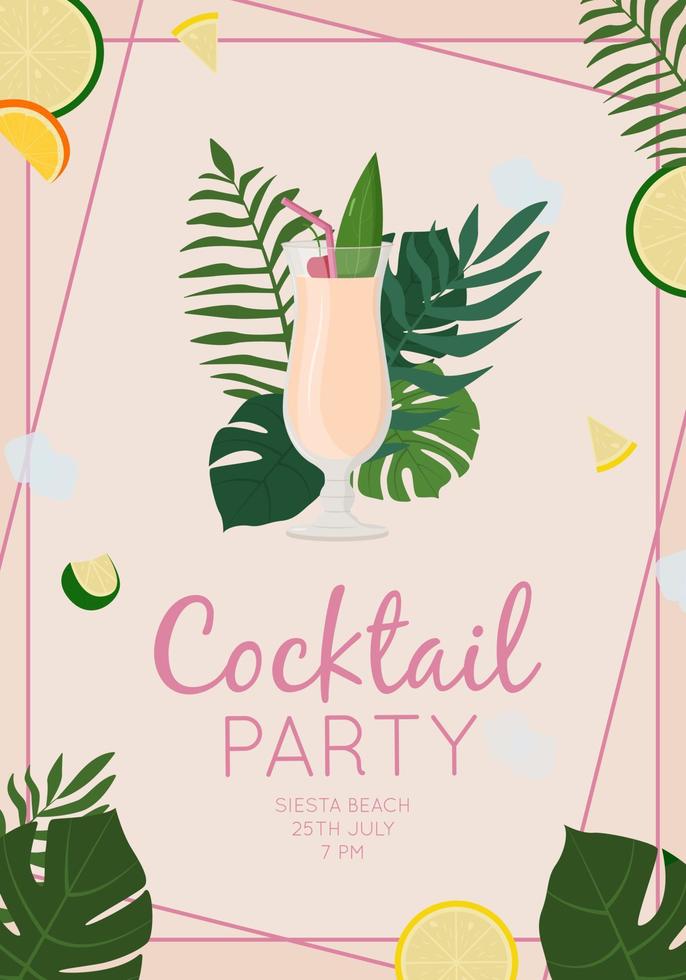 sommar alkoholhaltig drink, tropisk cocktail. pina colada. strandfest koncept. vackert gratulationskort, inbjudan till sommarfest. platt vektorillustration. vektor