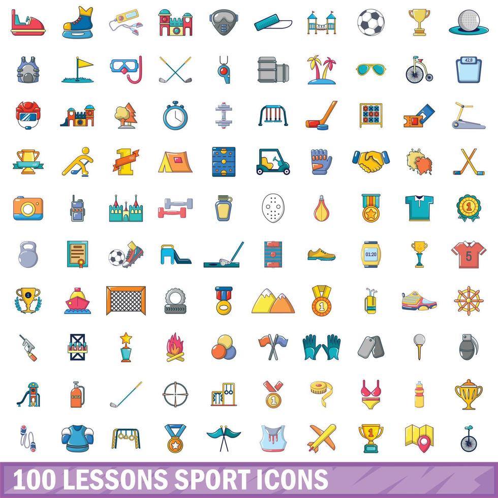 100 Lektionen Sport-Icons gesetzt, Cartoon-Stil vektor