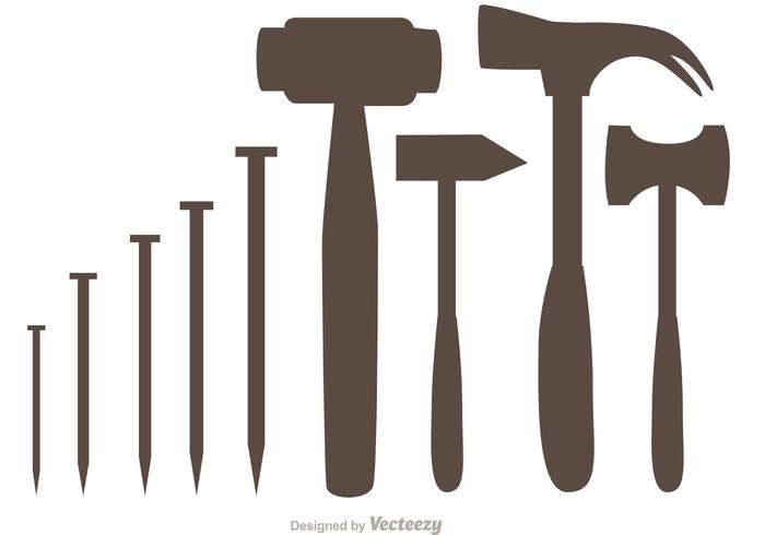 Silhouette Hammer Und Nail Icons Vector Pack