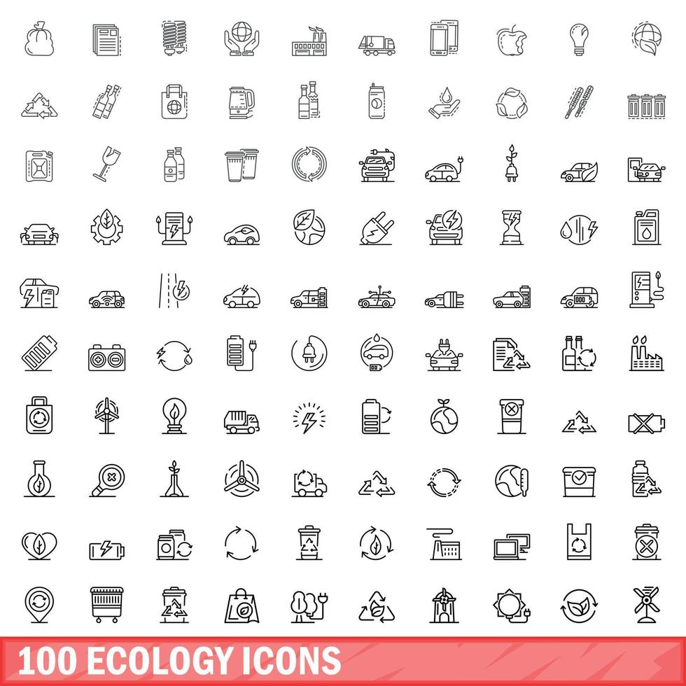 100 ekologi ikoner set, kontur stil vektor