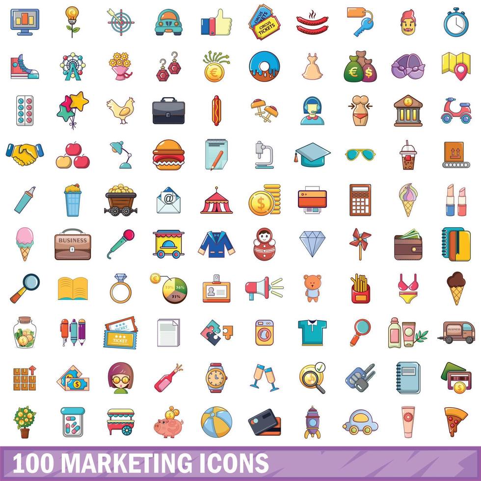 100 marknadsföring ikoner set, tecknad stil vektor