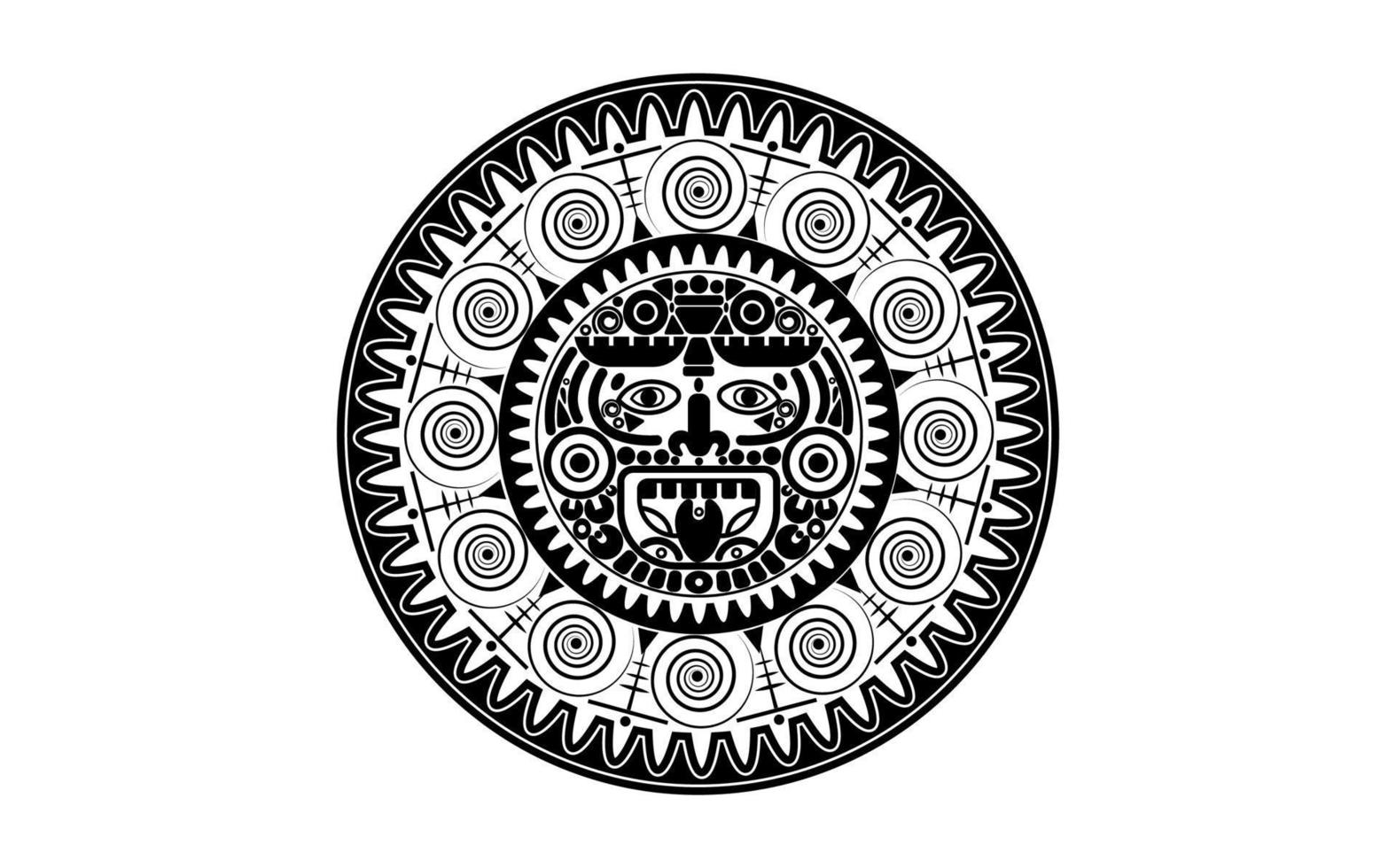 helig maya-solgud, aztekisk hjulkalender, mayasymboler etnisk mask, svart tatuering rund ramkant gammal logotypikon vektorillustration isolerad på vit bakgrund vektor