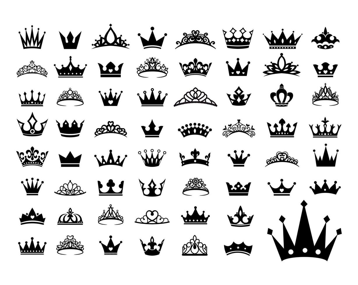 kunglig kung krondrottning prinsessa tiara diadem prins kronor siluett logotyp vektor illustration set