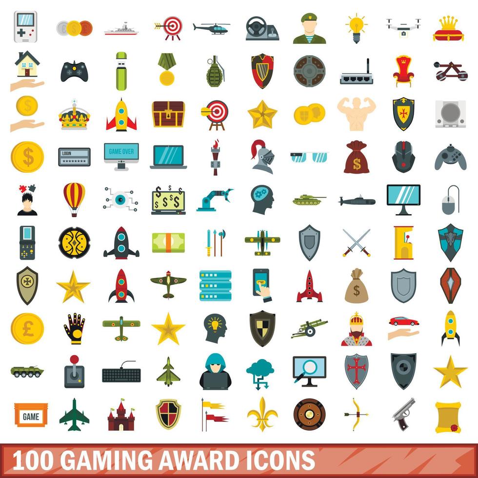 100 Gaming-Award-Icons gesetzt, flacher Stil vektor