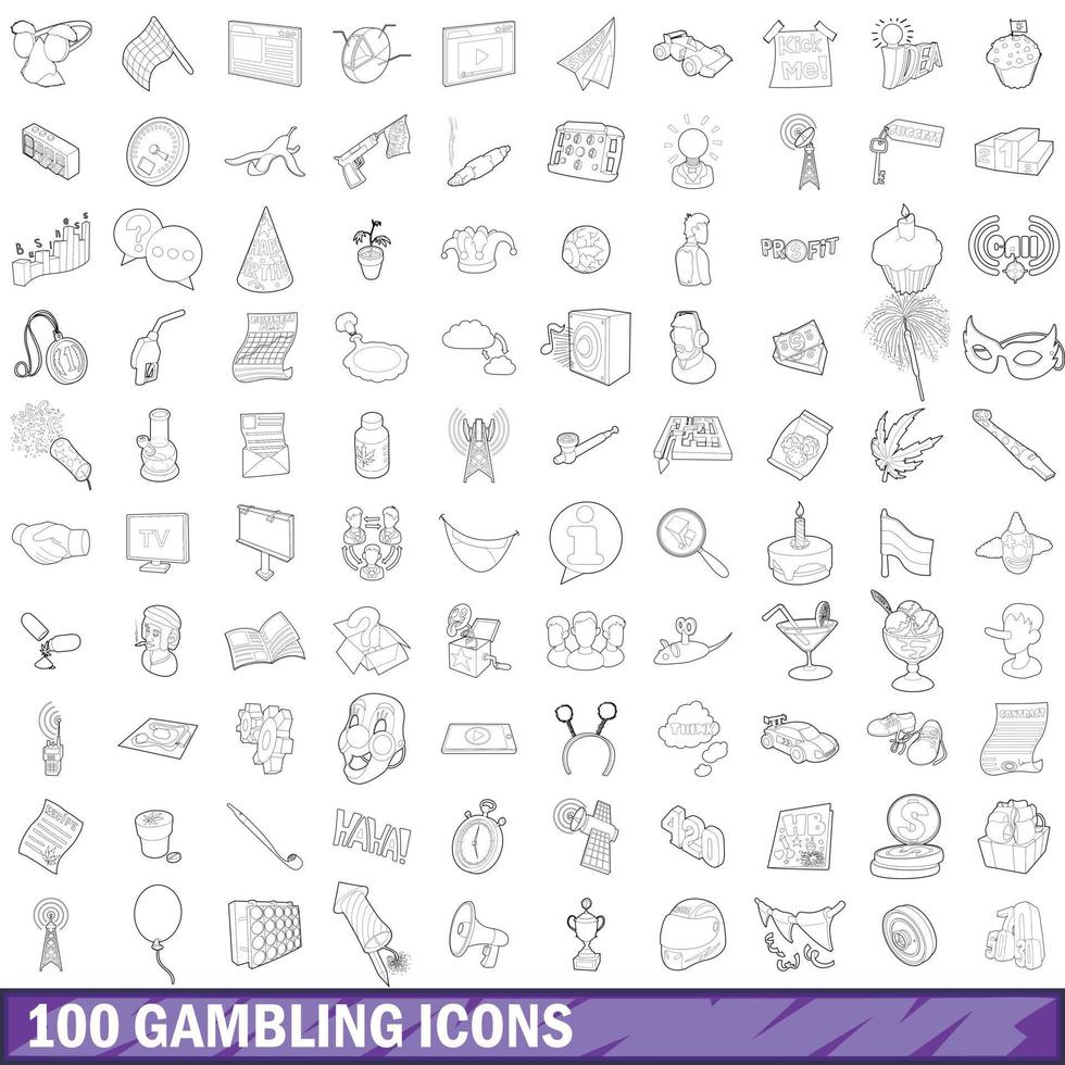 100 Glücksspielsymbole gesetzt, Umrissstil vektor