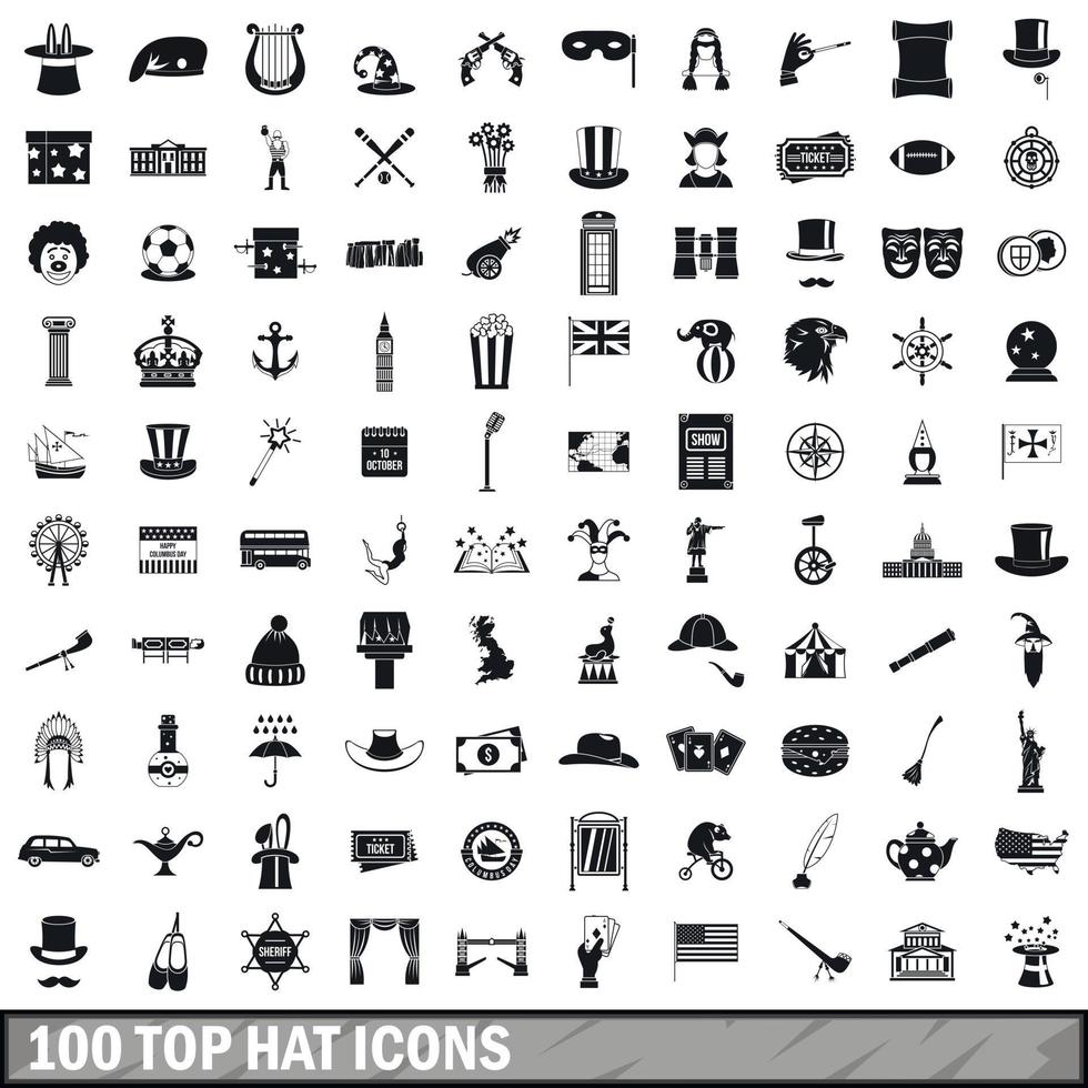 100 Top-Hat-Icons gesetzt, einfacher Stil vektor