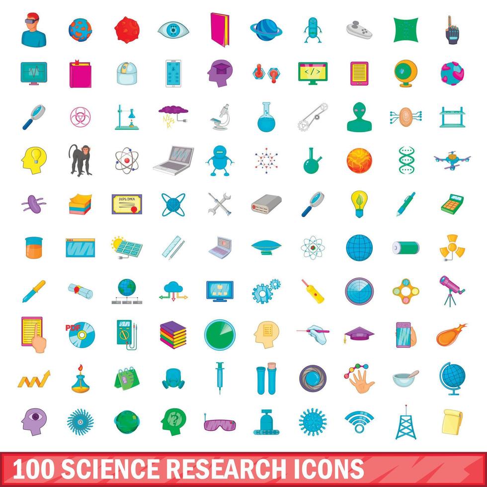 100 vetenskap forskning ikoner set, tecknad stil vektor