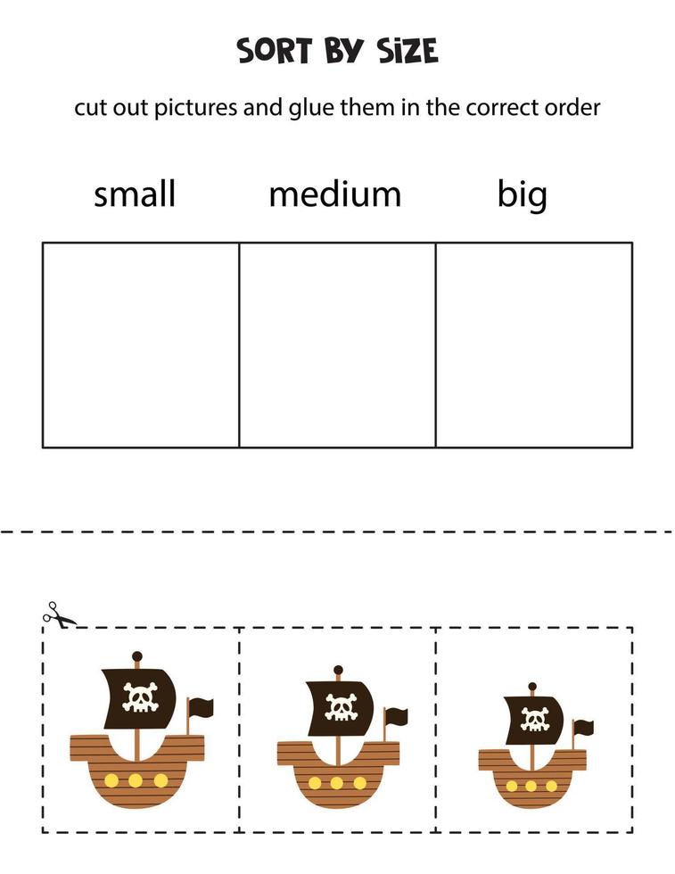 Piratenschiffe nach Größe sortieren. pädagogisches arbeitsblatt für kinder. vektor