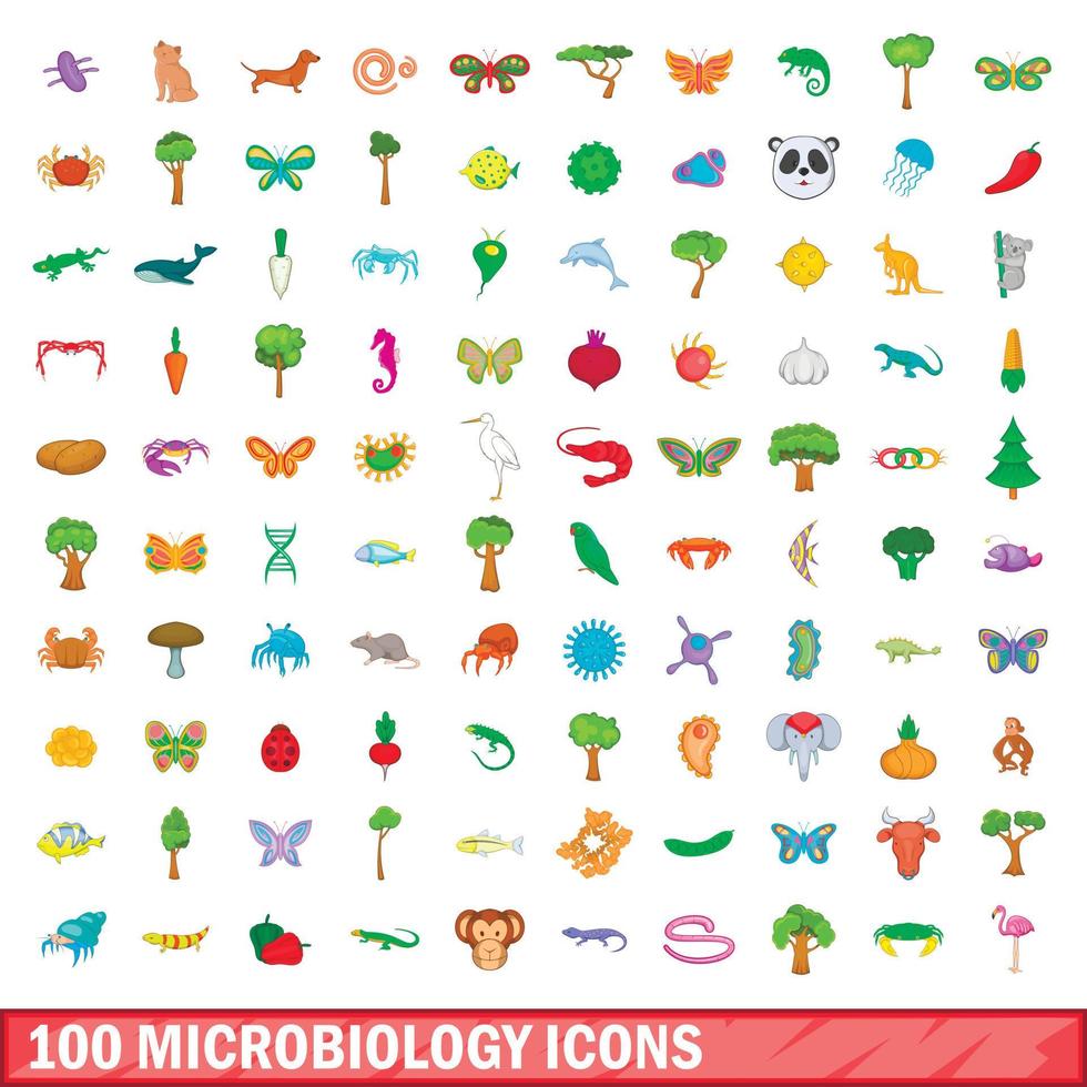 100 mikrobiologische Symbole im Cartoon-Stil vektor