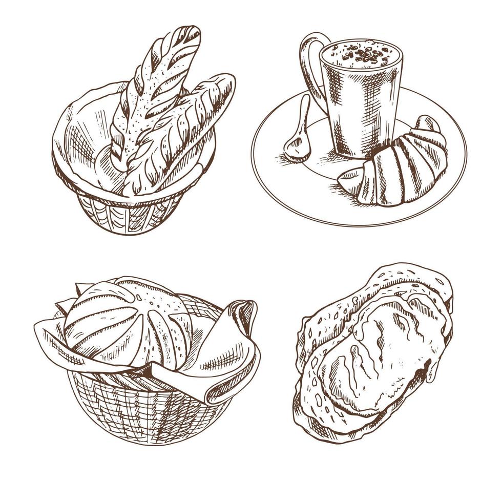 vintage handritad skiss stil bageri set. en kopp kaffe med en croissant, en sked på en tallrik, bröd. vektor illustration. ikoner och element för tryck, webb, mobil och infografik.