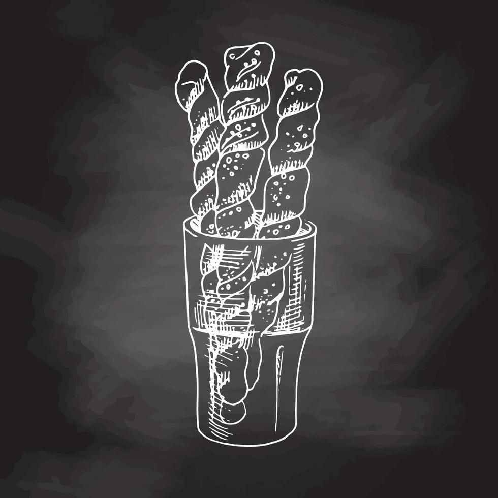 vektor handgezeichnete illustration aus glas mit baguettes. weiße skizze isoliert auf schwarzer tafel. Skizzensymbol und Bäckereielement für Print, Web, Handy.