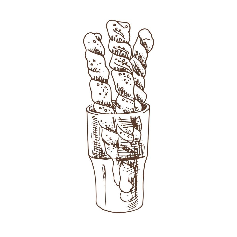 vektor handgezeichnete illustration aus glas mit baguettes. braune und weiße Gebäckzeichnung isoliert auf weißem Hintergrund. Skizzensymbol und Bäckereielement für Print, Web, Handy.