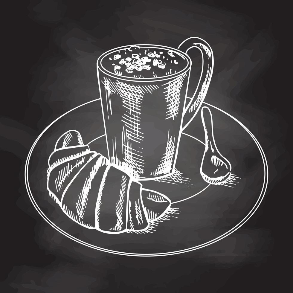 vektor handgezeichnete illustration einer tasse kaffee mit einem croissant, einem löffel auf einem teller. weiße skizze isoliert auf schwarzer tafel. skizzensymbol und bäckereielement für druck, web.