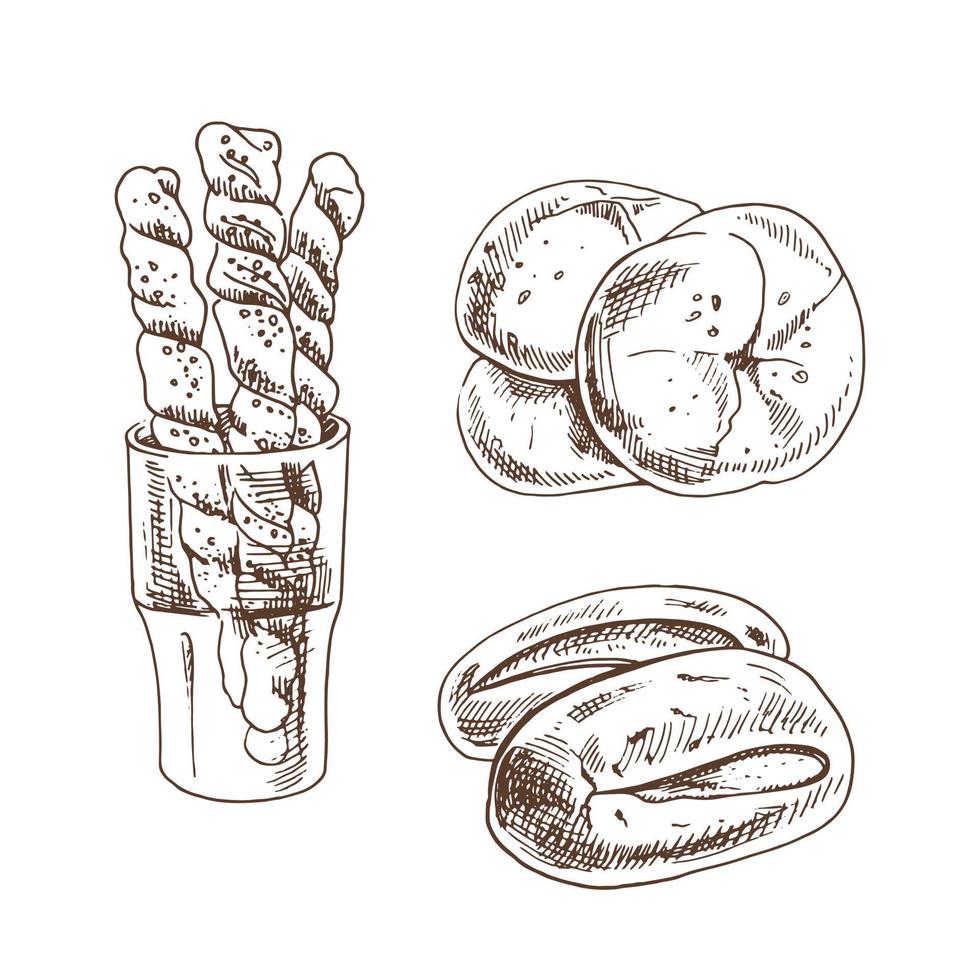 vintage handgezeichnete skizzenart bäckerei set. Brot und Brötchen auf weißem Hintergrund. Vektor-Illustration. Symbole und Elemente für Print, Web, Mobile und Infografiken. vektor