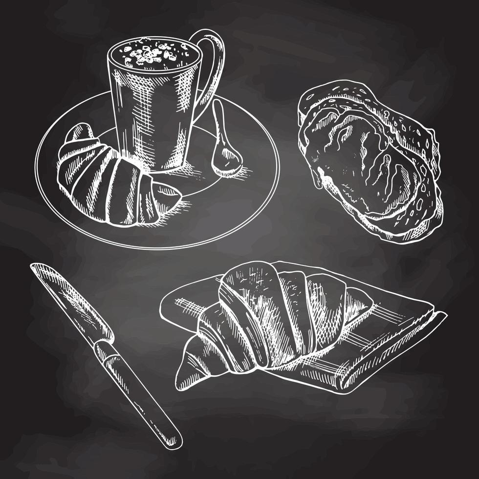 vintage handgezeichnetes bäckereiset. eine tasse kaffee mit einem croissant, einem löffel auf einem teller, brot. weiße skizze isoliert auf schwarzer tafel. symbole und elemente für druck, etiketten, verpackungen. vektor