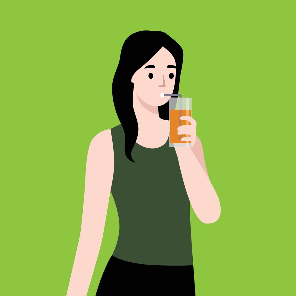 flickan dricker hälsosam juice. sport tjej. hälsosam livsstil. platt design. vektor illustration.