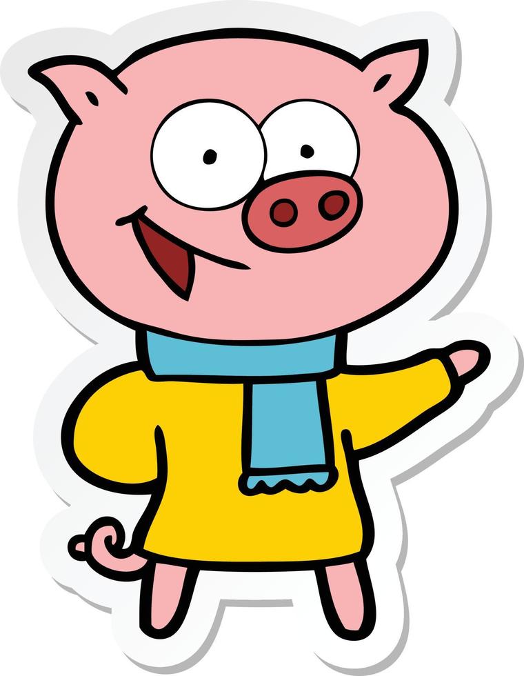 Aufkleber eines fröhlichen Schweins mit Winterkleidung Cartoon vektor
