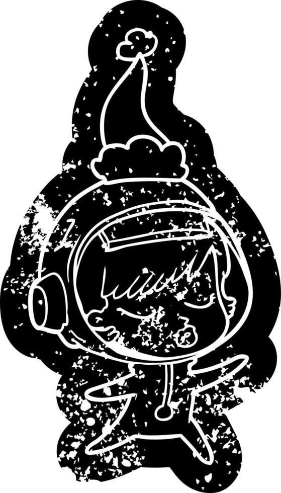 Cartoon beunruhigte Ikone eines hübschen Astronautenmädchens mit Weihnachtsmütze vektor