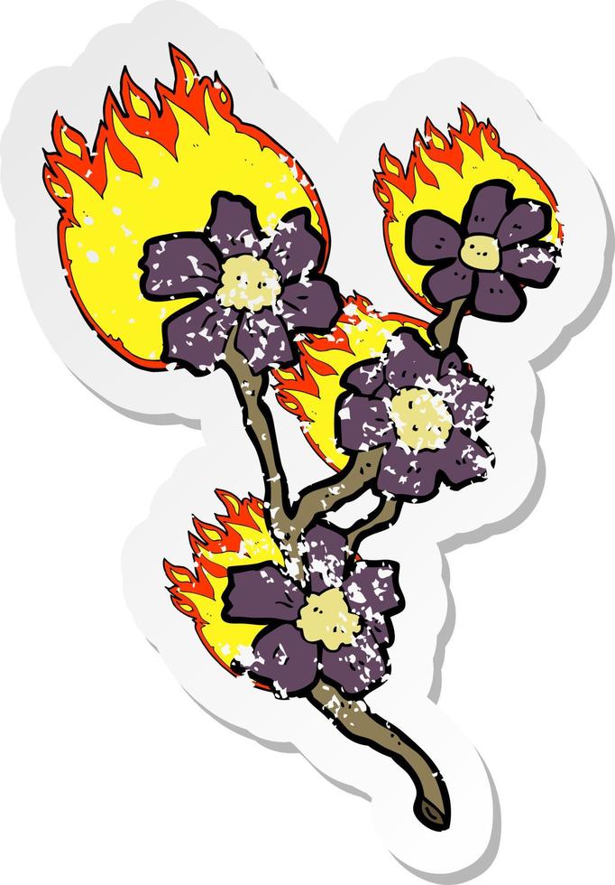 Retro-Aufkleber mit brennenden Blumen einer Karikatur vektor