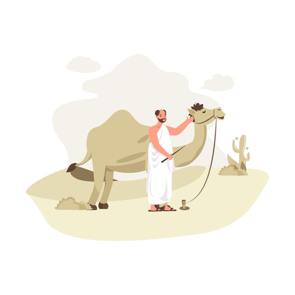 ein muslim und ein kamel mit wüstenhintergrund für eid al-adha-grüße vektor