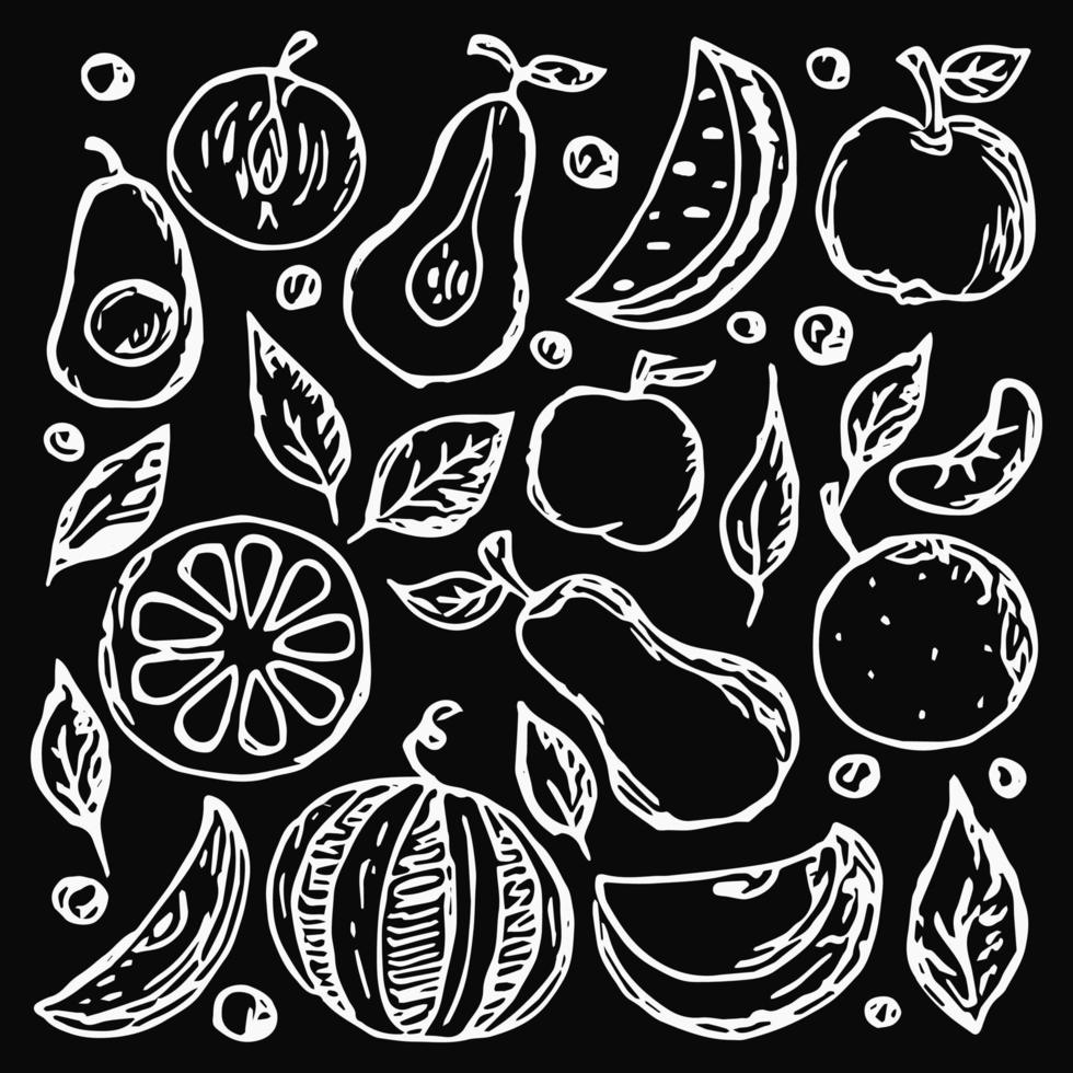 Obst-Symbole. Gekritzelvektorillustration mit Fruchtikonen. Obst-Hintergrund vektor