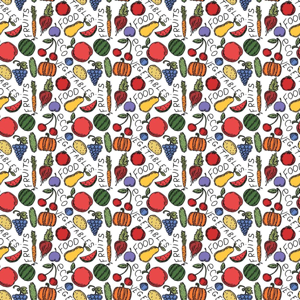 sömlös vegetarisk matmönster. färgad doodle vektor med vegetarisk mat ikoner. vintage mat ikoner