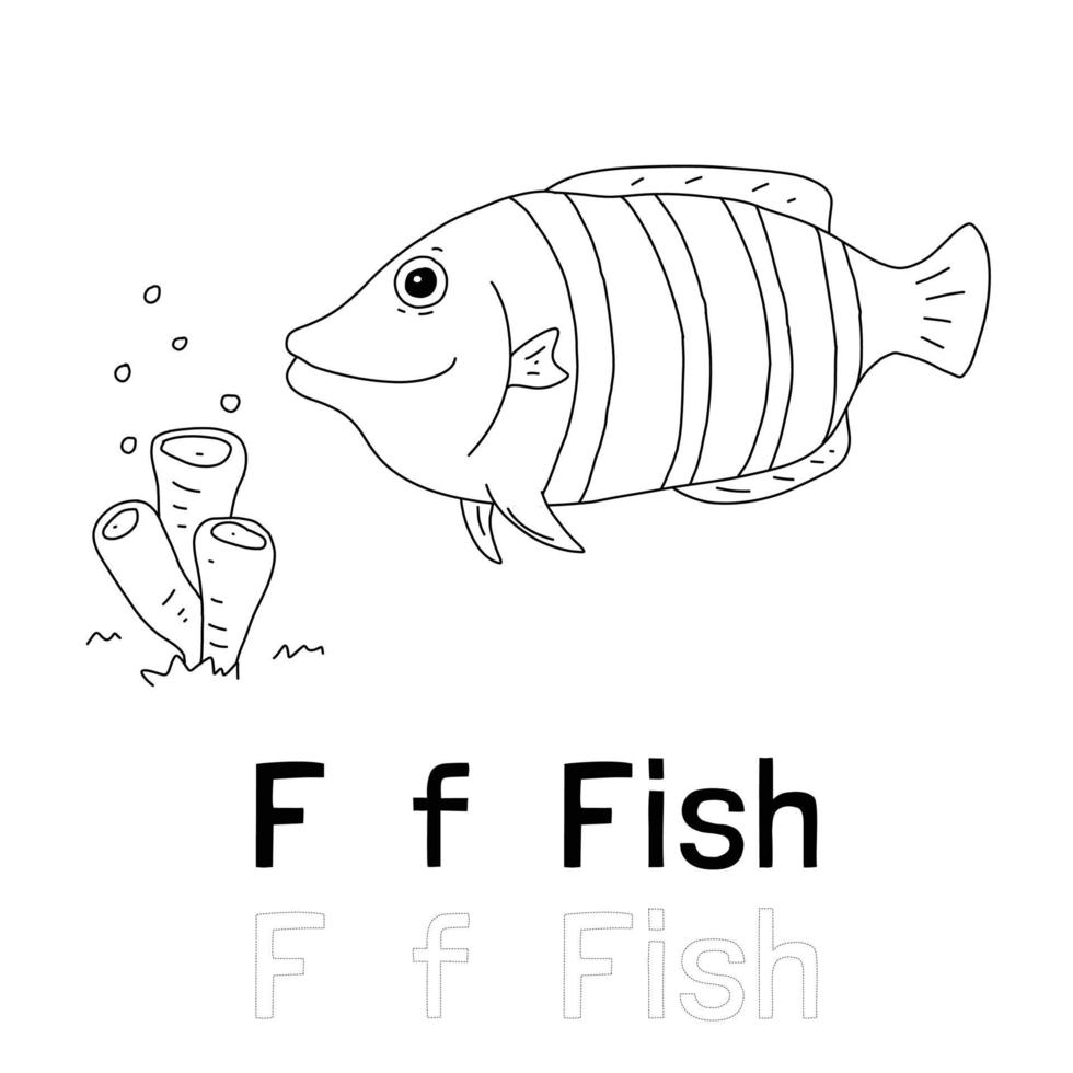 alphabetbuchstabe f für fischfarbseite, farbtierillustration vektor