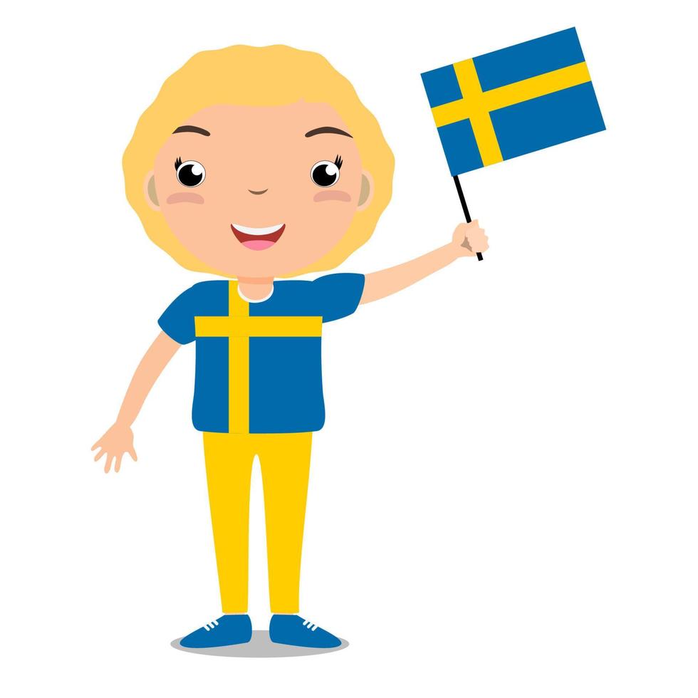 leende barn, pojke, håller en sverige flagga isolerad på vit bakgrund. vektor tecknad maskot. semester illustration till dagen för landet, självständighetsdag, flaggdag.