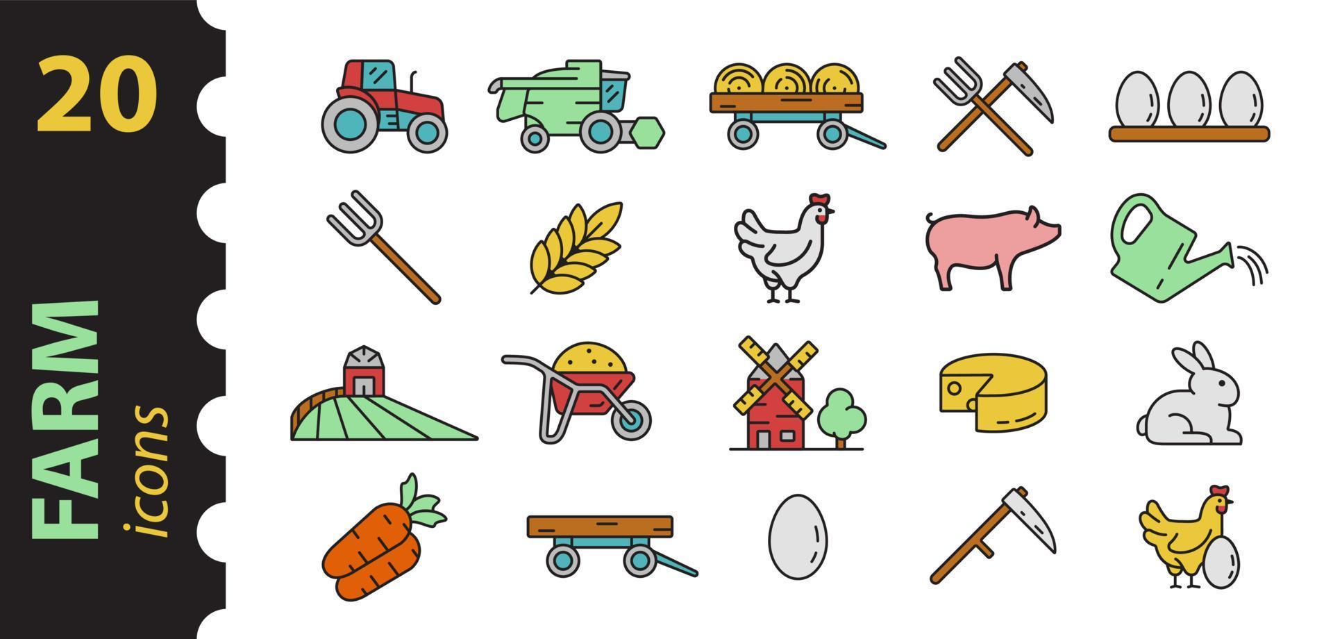 Bauernhofsymbole in Farbe. Lineare Symbole von Tieren, Pflanzen, Traktor, Mähdrescher, Scheune auf einem isolierten weißen Hintergrund. Farbvektorillustration. vektor