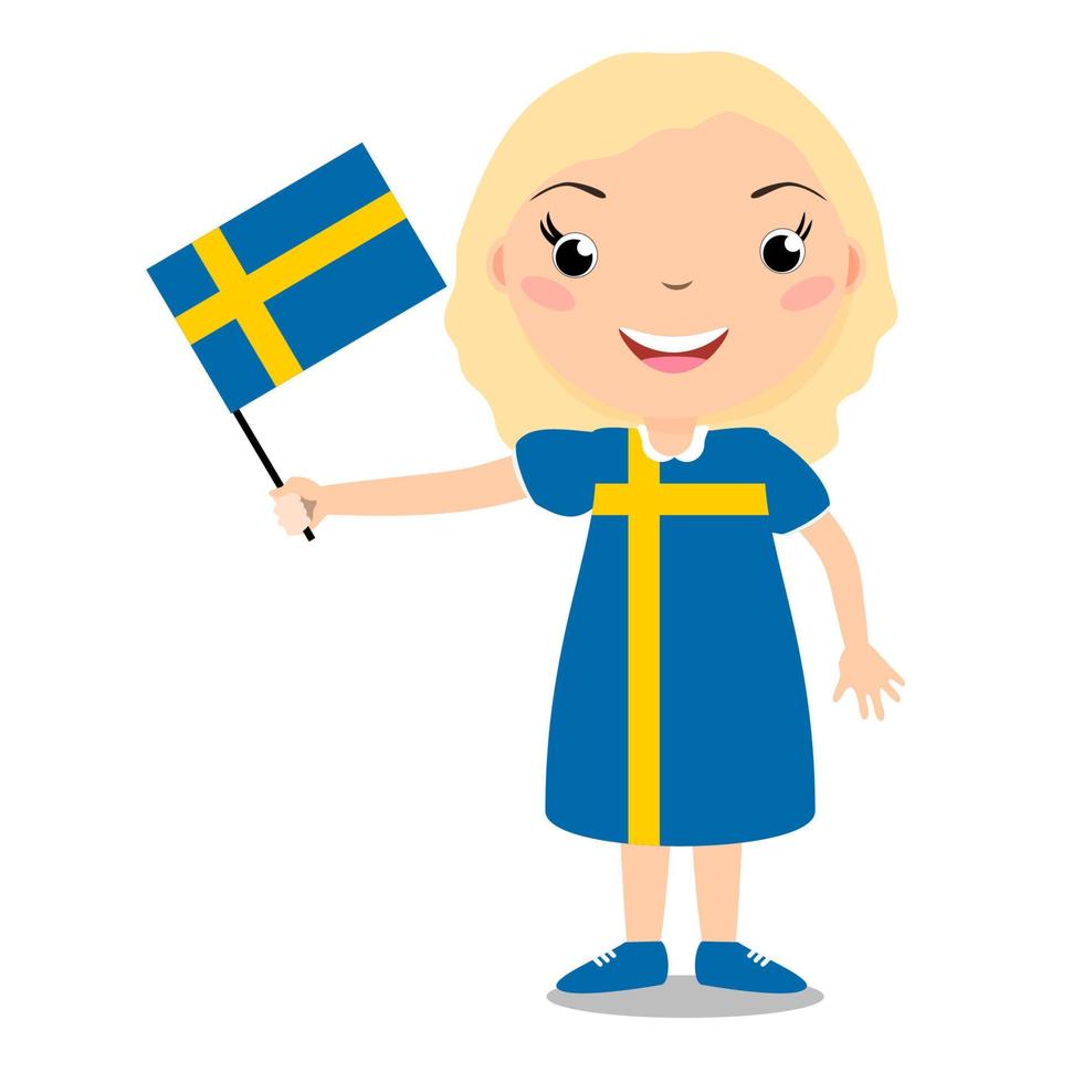 lächelndes Kind, Mädchen, das eine Schwedenflagge hält, die auf weißem Hintergrund lokalisiert wird. Vektor-Cartoon-Maskottchen. feiertagsillustration zum tag des landes, unabhängigkeitstag, flaggentag. vektor