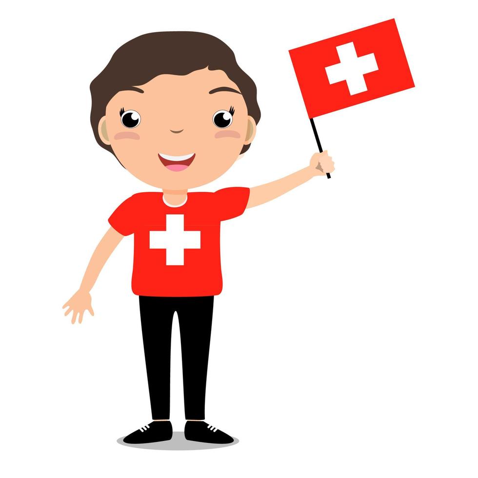 leende barn, pojke, håller en schweiz flagga isolerad på vit bakgrund. vektor tecknad maskot. semesterillustration till landets dag, självständighetsdag, flaggdag.