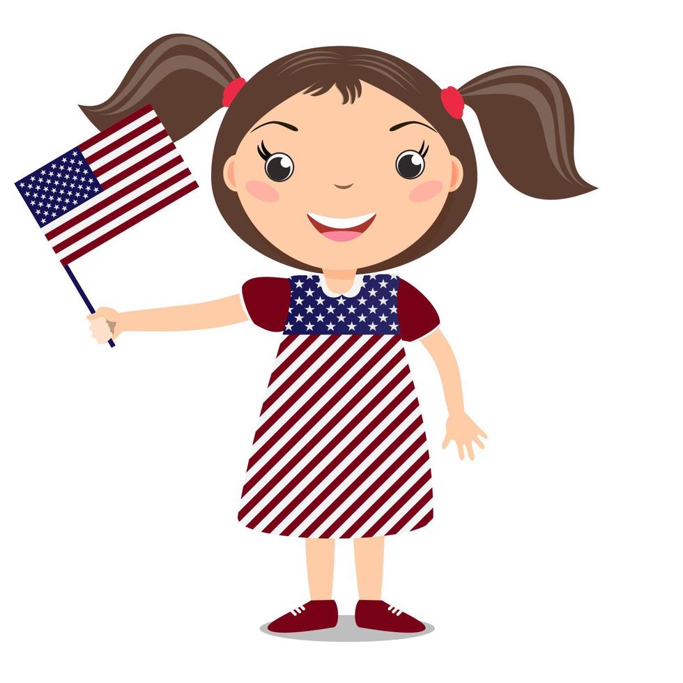 lächelndes Kind, Mädchen, das eine amerikanische Flagge hält, die auf weißem Hintergrund lokalisiert wird. Vektor-Cartoon-Maskottchen. feiertagsillustration zum tag des landes, unabhängigkeitstag, flaggentag. vektor