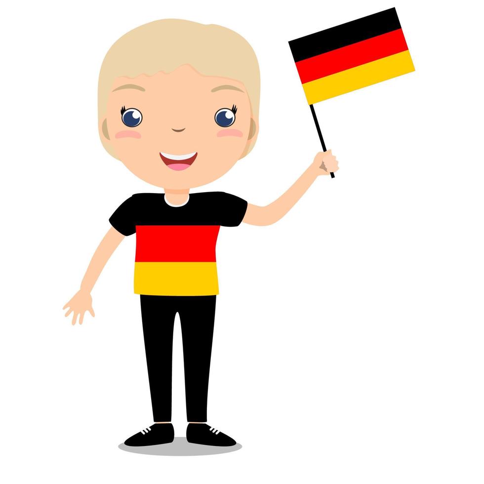 lächelndes Kind, Junge, hält eine Deutschland-Flagge isoliert auf weißem Hintergrund. Vektor-Cartoon-Maskottchen. feiertagsillustration zum tag des landes, unabhängigkeitstag, flaggentag. vektor