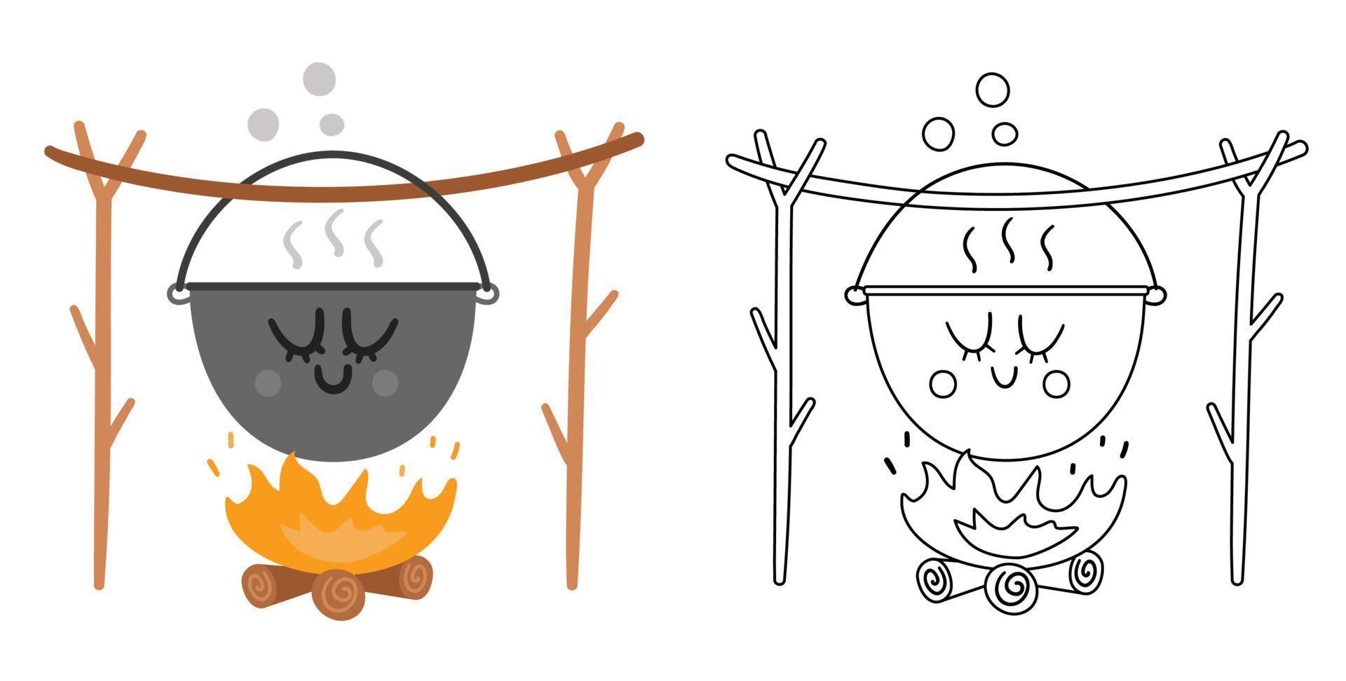 Vektor-Kawaii-Kessel, der an Baumzweigen über dem Feuer hängt, farbige und schwarz-weiße Illustration. Lagerfeuer Topf isoliert auf weißem Hintergrund. süße ausmalseite vektor