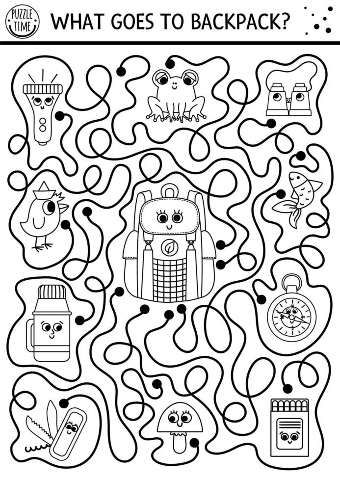 Schwarz-Weiß-Sommercamp-Labyrinth für Kinder. aktive ferien skizzieren druckbare vorschulaktivitäten. Familienausflug Labyrinth oder Malseite mit Campingausrüstung. was gehört zum rucksack vektor