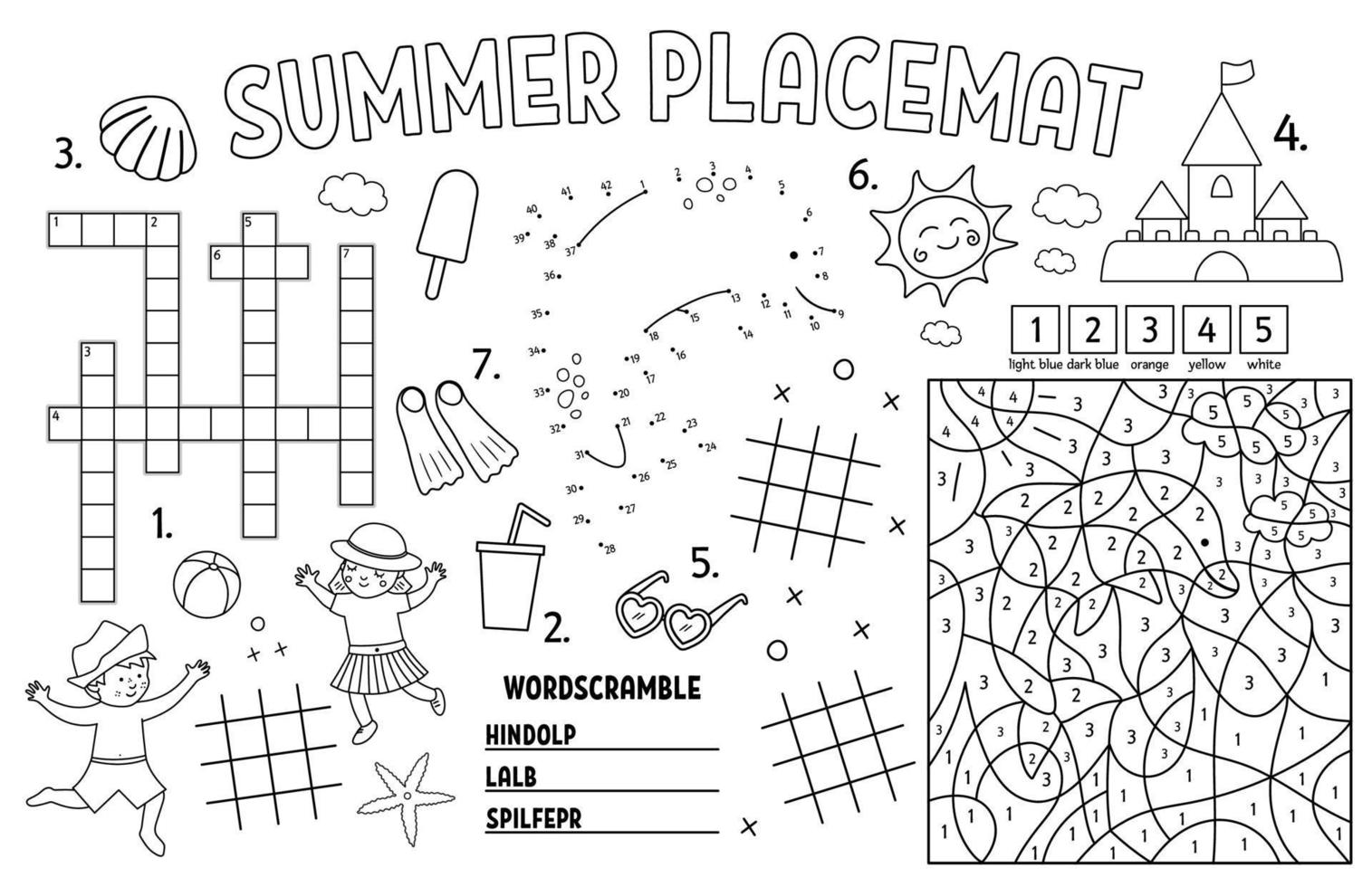 Vektor-Sommer-Tischset für Kinder. Strandferien druckbare Aktivitätsmatte mit Kreuzworträtseln, Tic-Tac-Toe-Diagrammen, Farbe nach Nummer. schwarz-weiße Spielmatte oder Malseite mit Kindern, Eis vektor