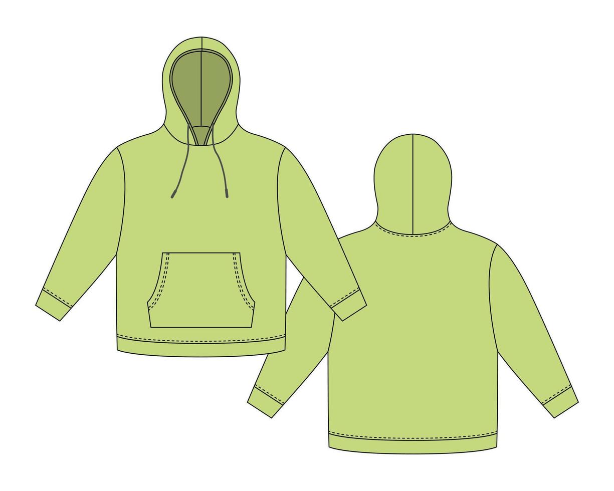 Hoodie-Vorlage in pastellgrüner Farbe. Bekleidung Hoody technische Skizze Mockup. Sweatshirt mit Kapuze, Taschen. vektor