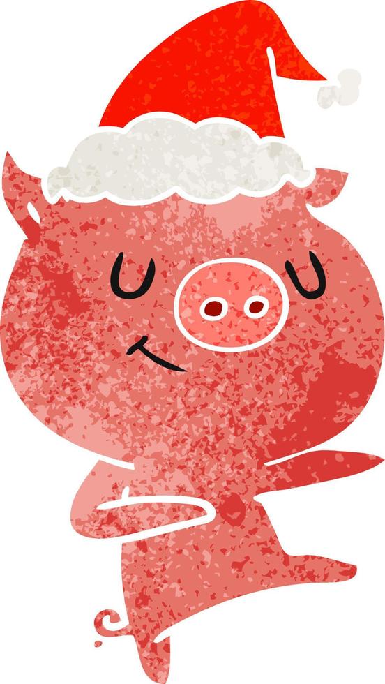 Fröhlicher Retro-Cartoon eines Schweins, das mit Weihnachtsmütze tanzt vektor