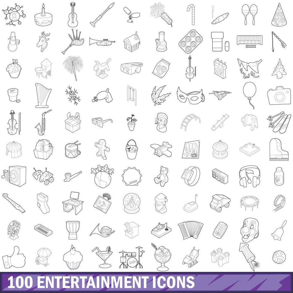 100 underhållning ikoner set, kontur stil vektor