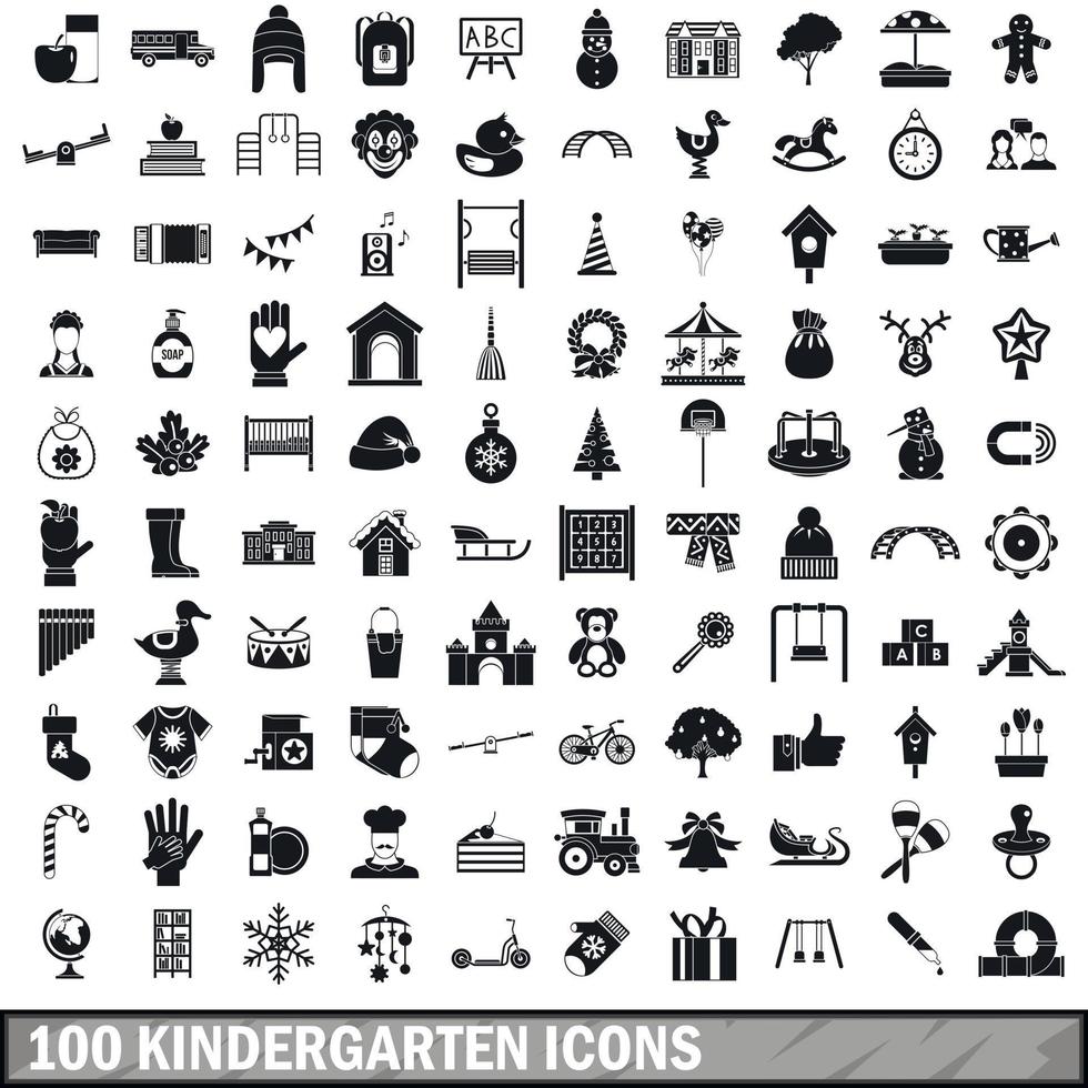 100 Kindergarten-Icons gesetzt, einfacher Stil vektor