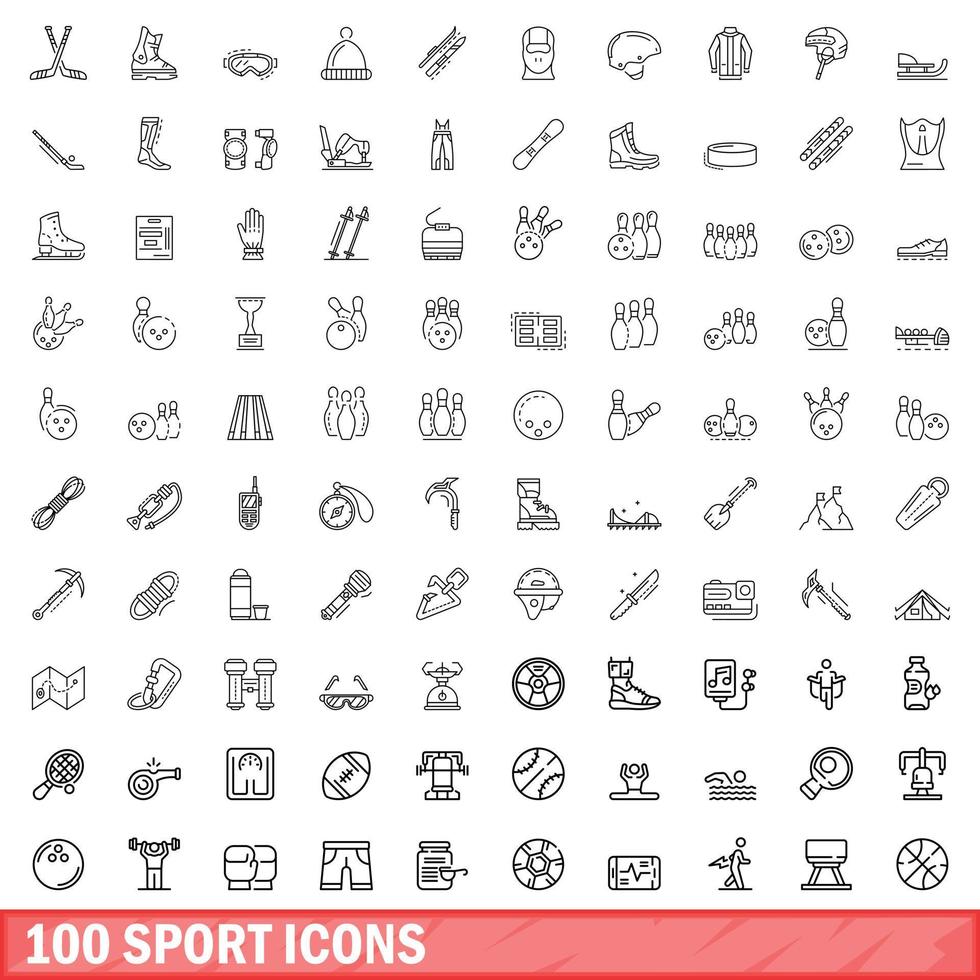 100 sport ikoner set, kontur stil vektor