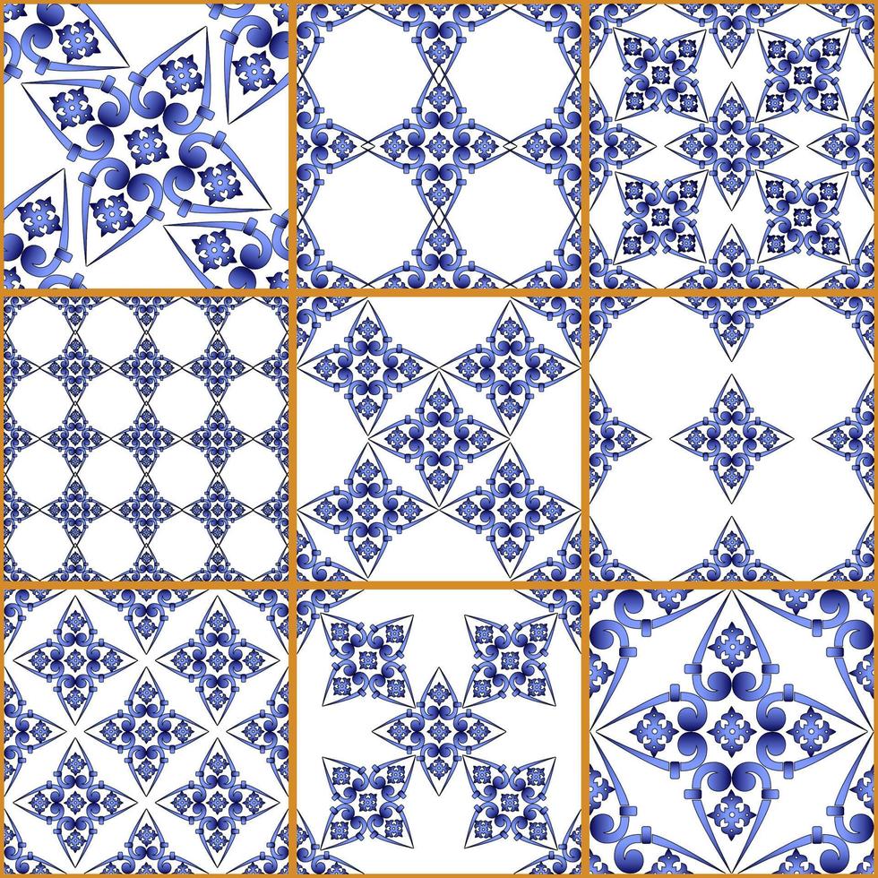 sömlös lapptäcke. majolika keramik kakel. portugisisk och spansk inredning. keramiska plattor i talavera stil. vektor illustration. abstrakt sömlös patchwork mönster med geometriska och blommiga prydnad
