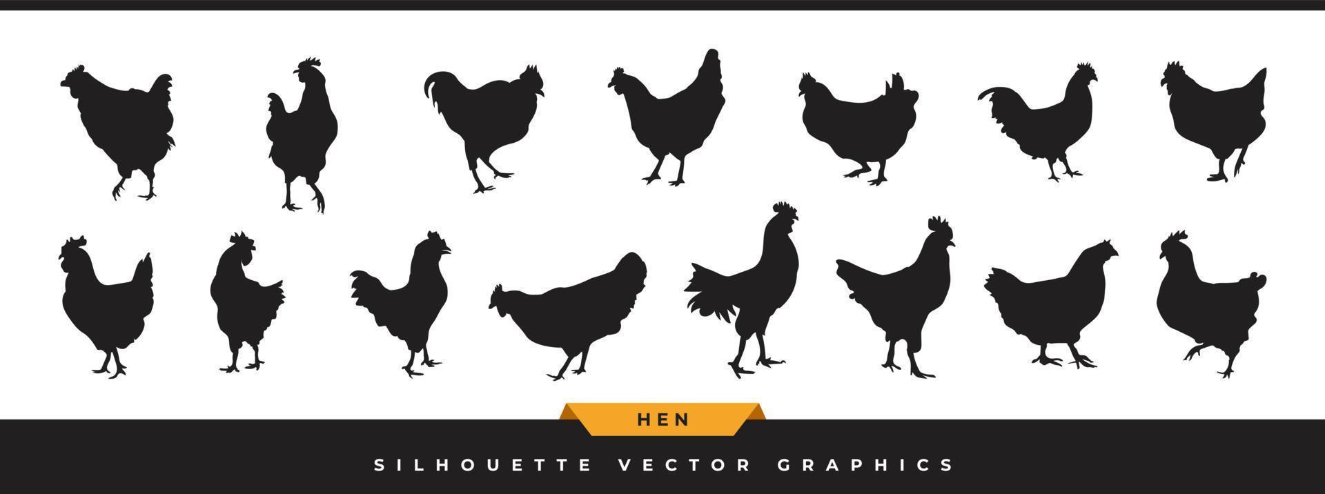 Henne-Silhouette-Vektor-Sammlung. große reihe von hühnersilhouetten-symbolen. ClipArt von Hahn oder Henne ist in verschiedenen Posen isoliert auf weißem Hintergrund. vektor