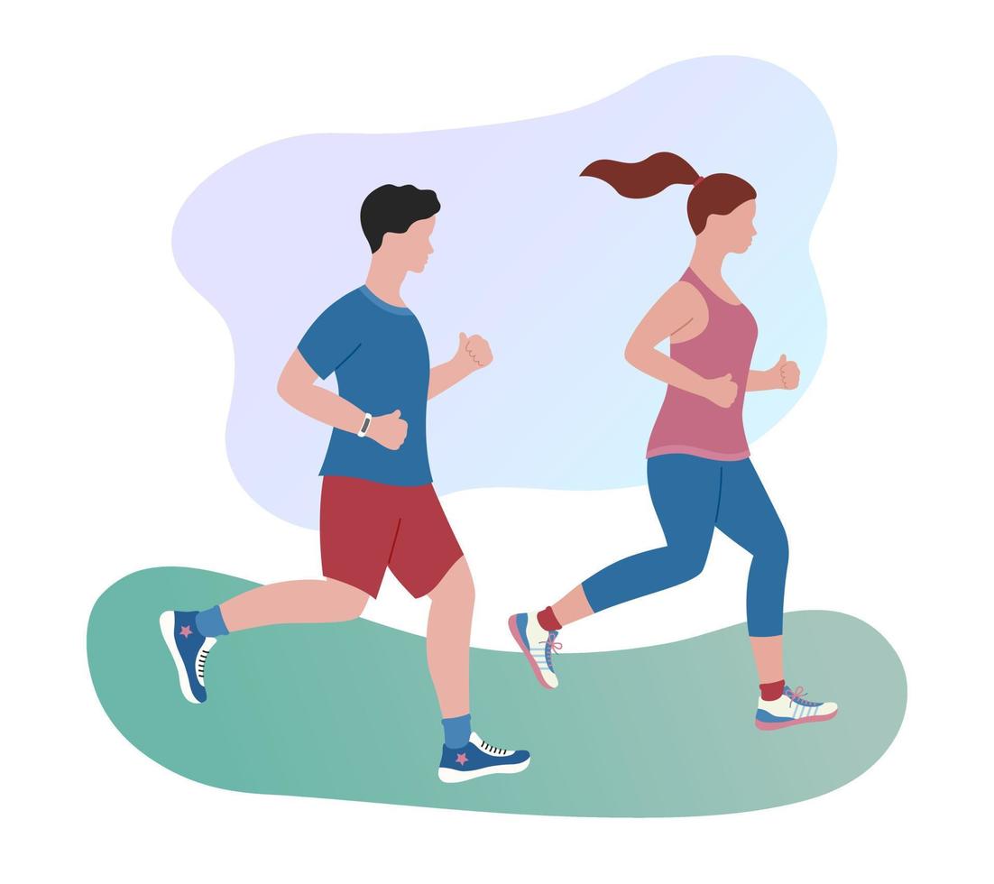 löparpar. man och kvinna joggar tillsammans utomhus. hälsosam livsstil och fitness koncept. morgonjogg i parken. platt vektorillustration vektor